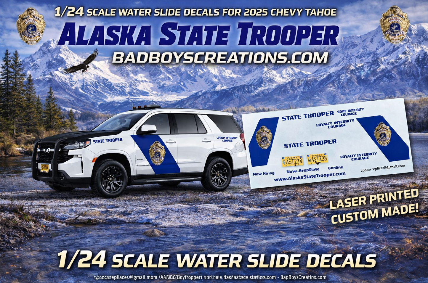 1/24 Scale 2025 Chevy Tahoe Alaska State Trooper Waterslide Decals – Authentic Detail Set (Approx. 4 Sets Included) | Decals Only