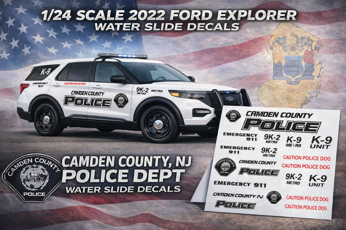 1/24 Scale 2022 Ford Explorer Camden County New Jersey Police Waterslide Decals – Custom Laser Printed Set (Approx. 4 Sets) – Decals Only