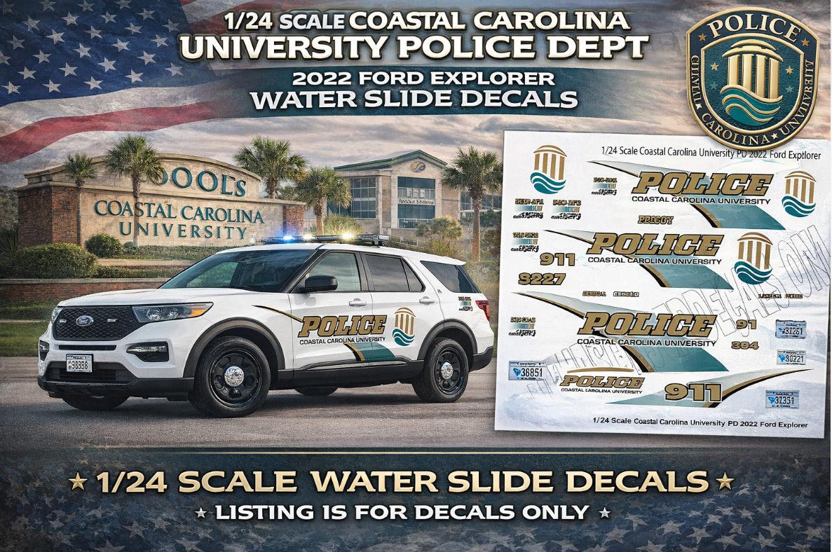 1/24 Scale Waterslide Decals – 2022 Ford Explorer Coastal Carolina University Police – Custom Laser Printed – Approx. 4 Sets – Badboys Creations