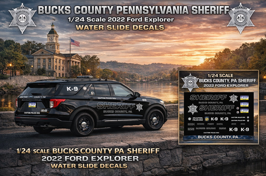 1/24 Scale 2022 Ford Explorer Bucks County Pennsylvania Sheriff Waterslide Decals – Custom Diecast Graphics (4 Sets) – Decals Only