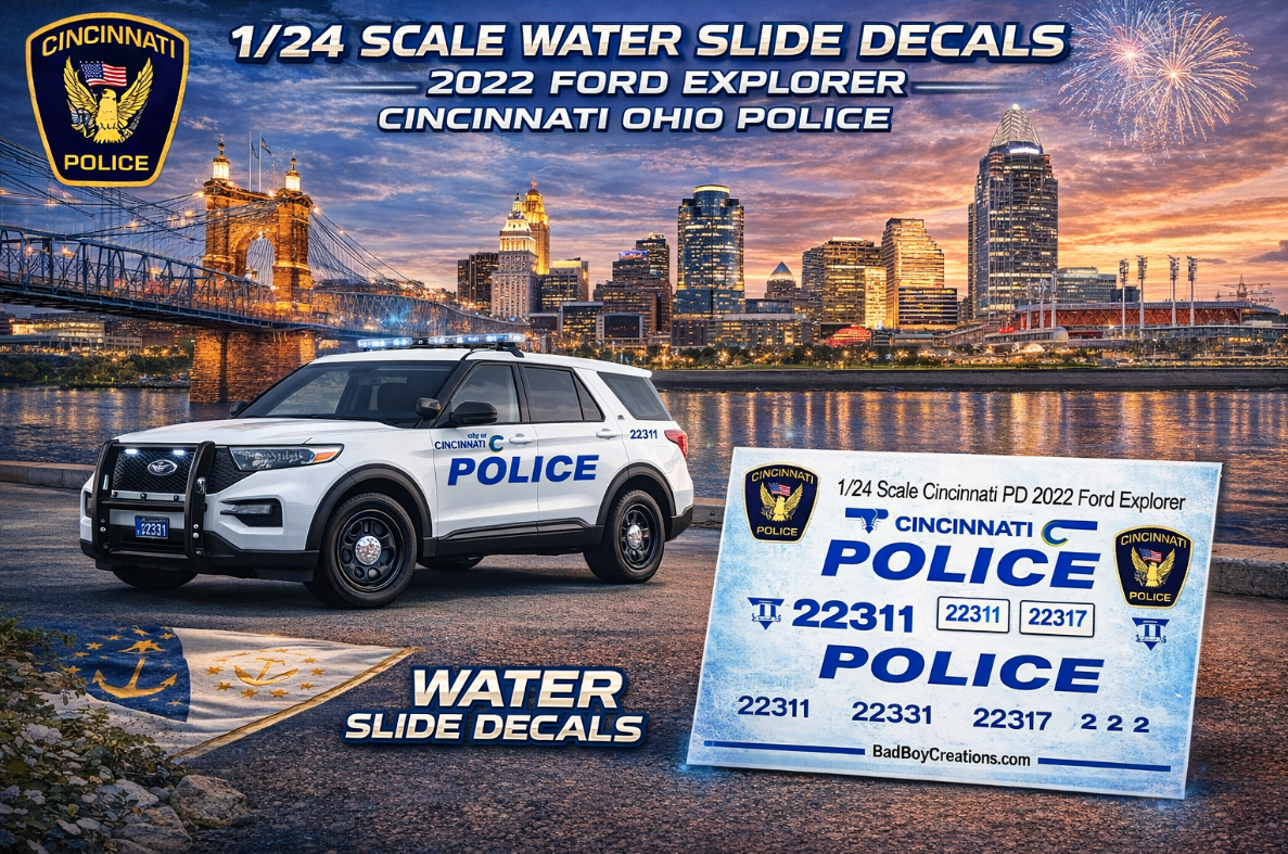 1/24 Scale 2022 Ford Explorer Cincinnati Ohio Police Waterslide Decals – Custom Diecast Graphics – Badboys Creations