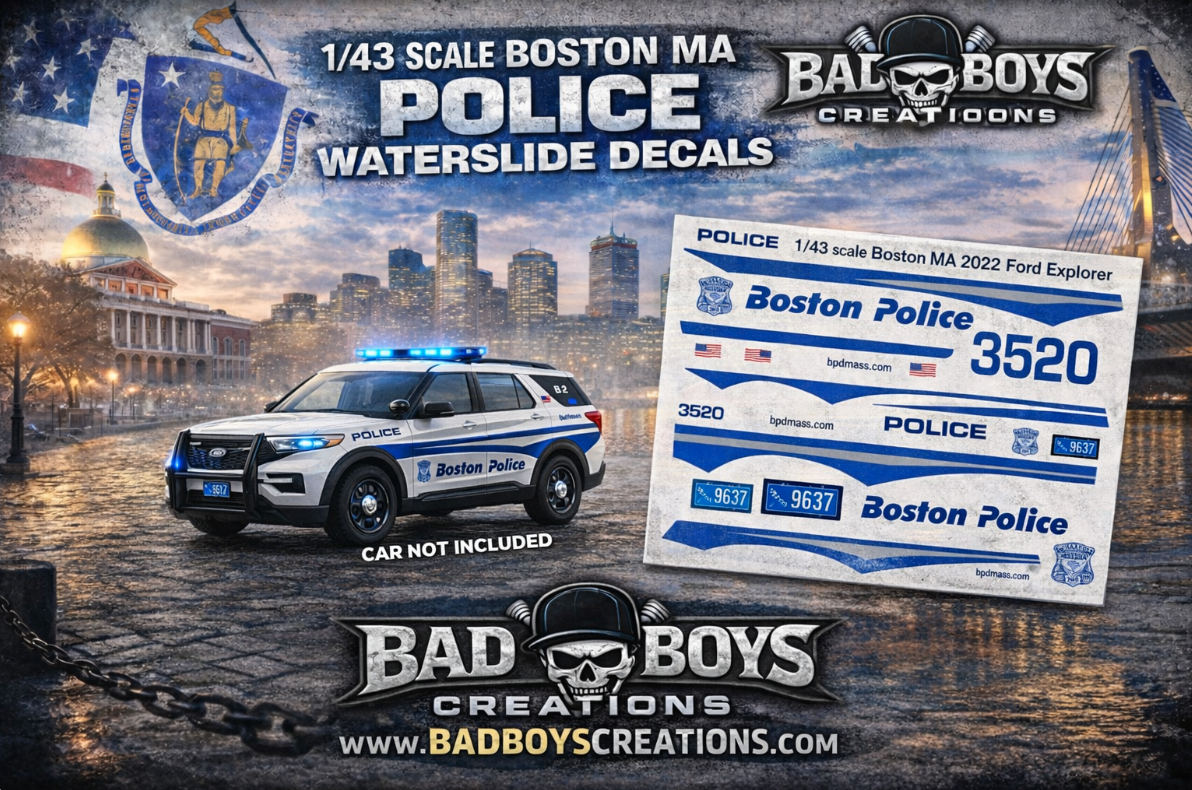1/43 Scale 2022 Ford Explorer Boston Massachusetts Police Waterslide Decals – Custom Diecast Graphics Sheet | Badboys Creations