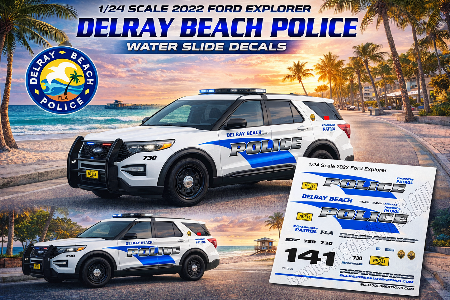 1/24 Scale 2022 Ford Explorer Delray Beach Florida Police Waterslide Decals – Model Car Graphics Set – Badboys Creations