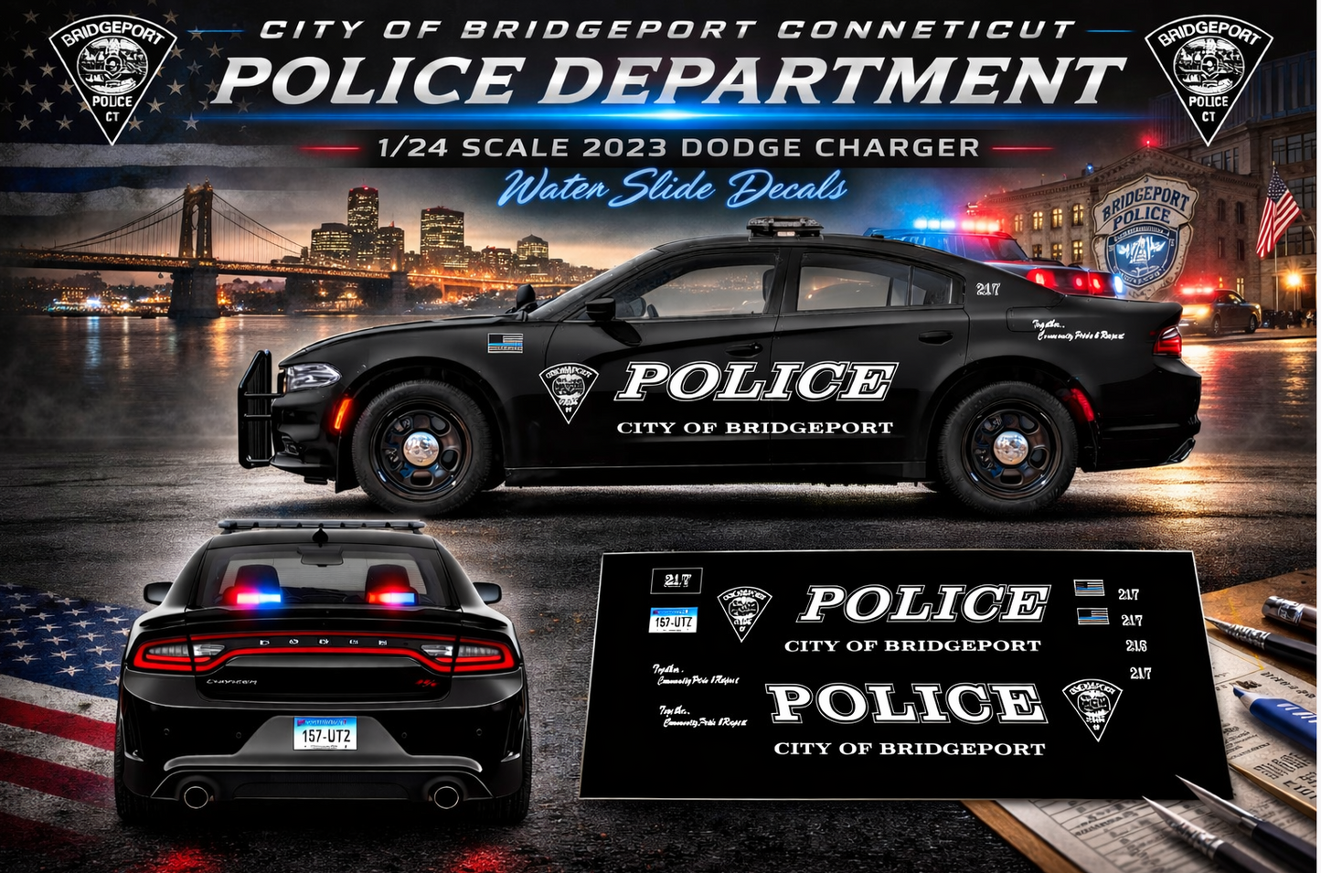 1/24 Scale 2023 Dodge Charger Bridgeport Connecticut Police Waterslide Decals – City of Bridgeport CT Police Graphics – Fits 1/24 Diecast Charger – Badboys Creations