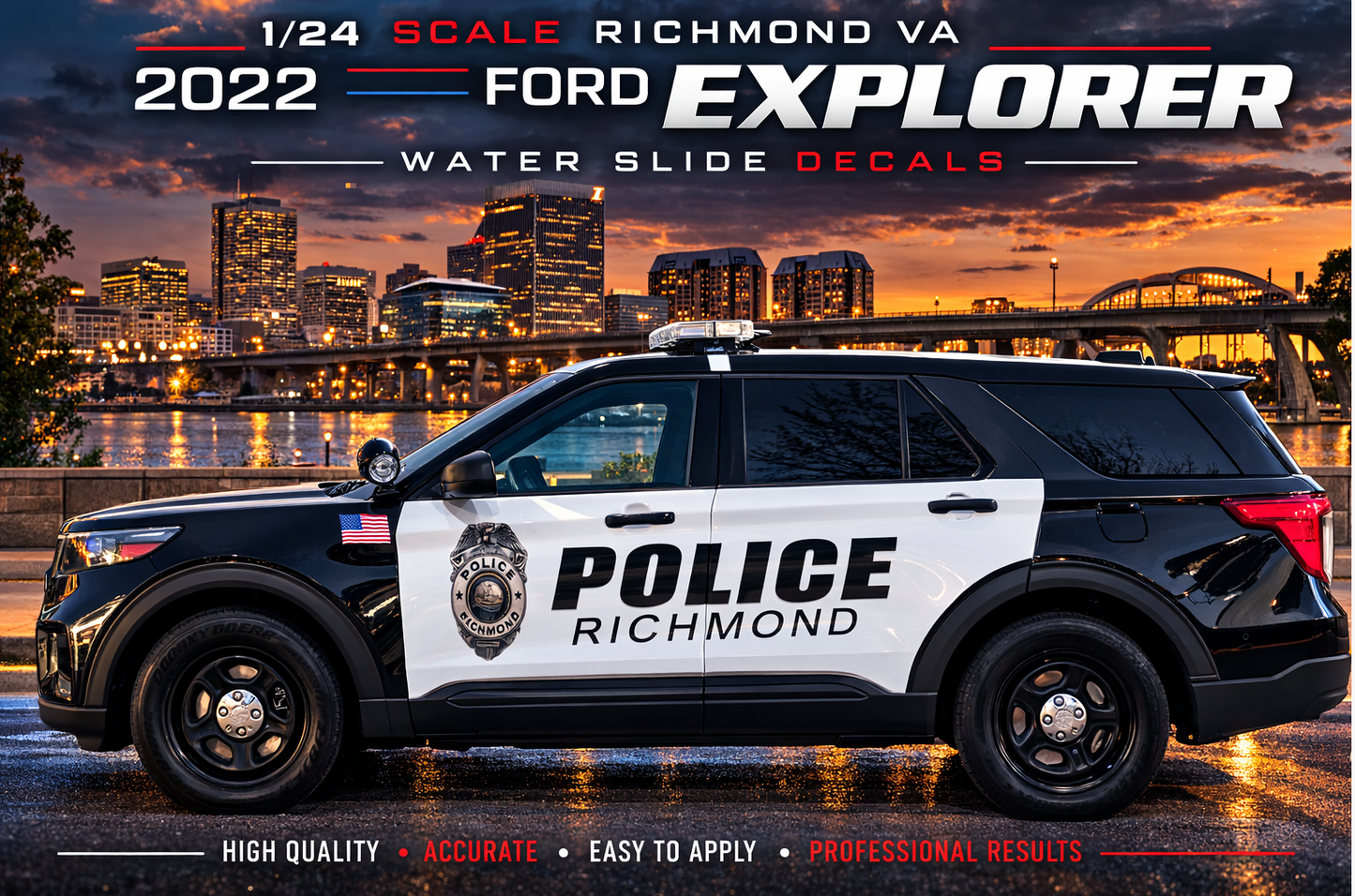 1/24 Scale 2022 Ford Explorer Richmond Virginia Police Waterslide Decals – Diecast Model Graphics Set | Badboys Creations