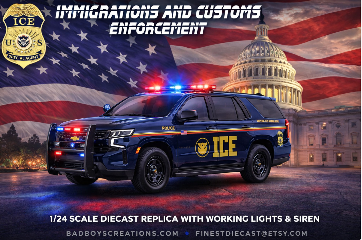 1/24 Scale 2025 Chevy Tahoe ICE Police Diecast Model – Immigration & Customs Enforcement Replica w/ Working Lights & Siren – Law Enforcement Collectible