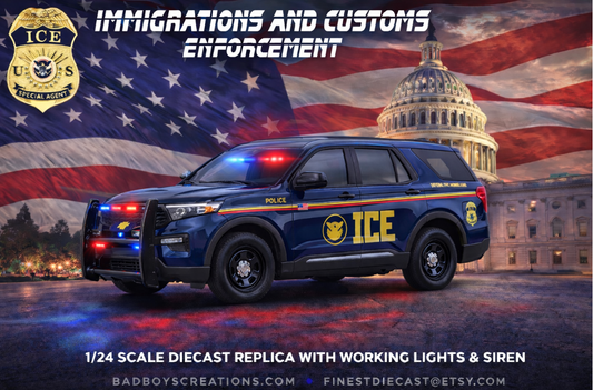 1/24 Scale 2022 Ford Explorer ICE Police SUV Diecast Model Replica – Working Lights & Siren – U.S. Immigration and Customs Enforcement – Custom Law Enforcement Collectible