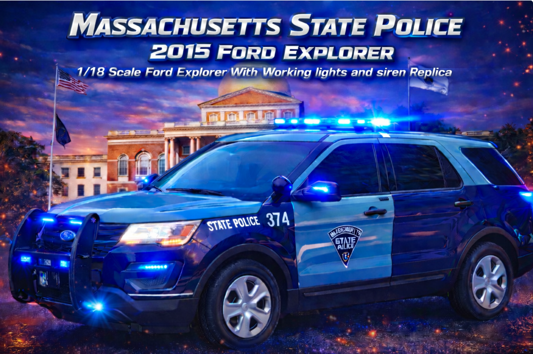 Massachusetts State Police 2015 Ford Explorer – 1/18 Scale Diecast Model Replica | Working Lights & Siren | Custom Police Vehicle