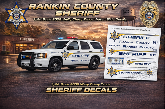 1/24 Scale 2008 Chevy Tahoe Rankin County Mississippi Sheriff Waterslide Decals – Diecast Police Model Graphics Set (Approx. 4 Sets Included)