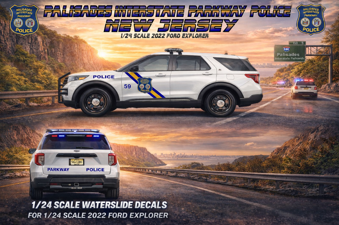 1/24 Scale Palisades Interstate Parkway Police New Jersey Waterslide Decals – Fits 2022 Ford Explorer – Model Police Car Graphics – Approx. 4 Sets – Badboys Creations