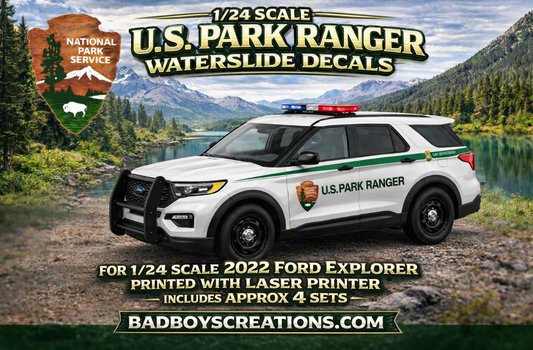 1/24 Scale US Park Ranger Waterslide Decals – 2022 Ford Explorer – National Park Ranger Graphics – Approx. 4 Sets Included – Laser Printed – Diecast Model Decals