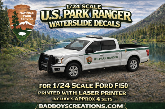 1/24 Scale US Park Ranger Waterslide Decals – Ford F150 Ranger Truck Graphics – Diecast Model Decal Set – Approx. 4 Sets Included