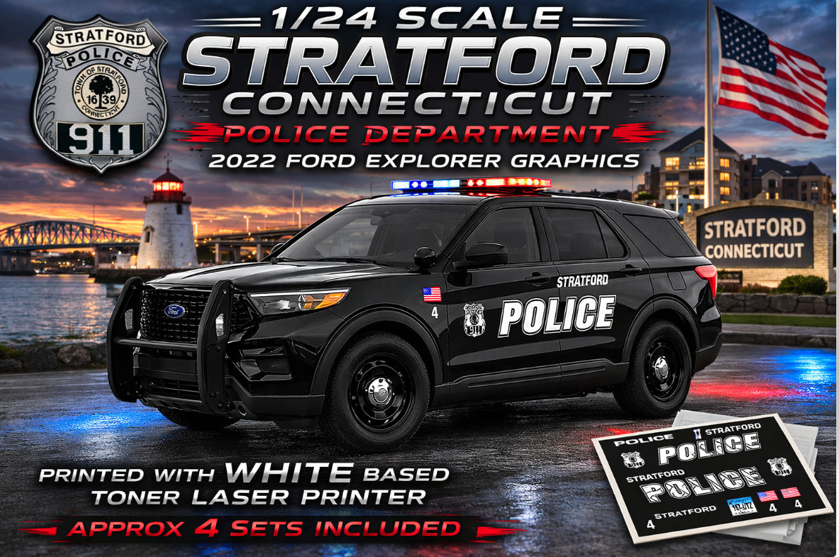 1/24 Scale Stratford Connecticut Police Waterslide Decals – 2022 Ford Explorer Police Graphics – Diecast Model Decal Set – Approx. 4 Sets Included