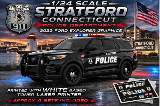 1/24 Scale Stratford Connecticut Police Waterslide Decals – 2022 Ford Explorer Police Graphics – Diecast Model Decal Set – Approx. 4 Sets Included