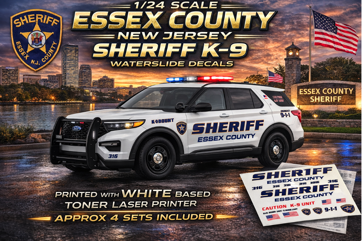 1/24 Scale Essex County NJ Sheriff K9 Waterslide Decals – 2022 Ford Explorer Police Graphics – Diecast Model Decal Set – Approx. 4 Sets Included