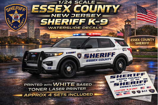 1/24 Scale Essex County NJ Sheriff K9 Waterslide Decals – 2022 Ford Explorer Police Graphics – Diecast Model Decal Set – Approx. 4 Sets Included