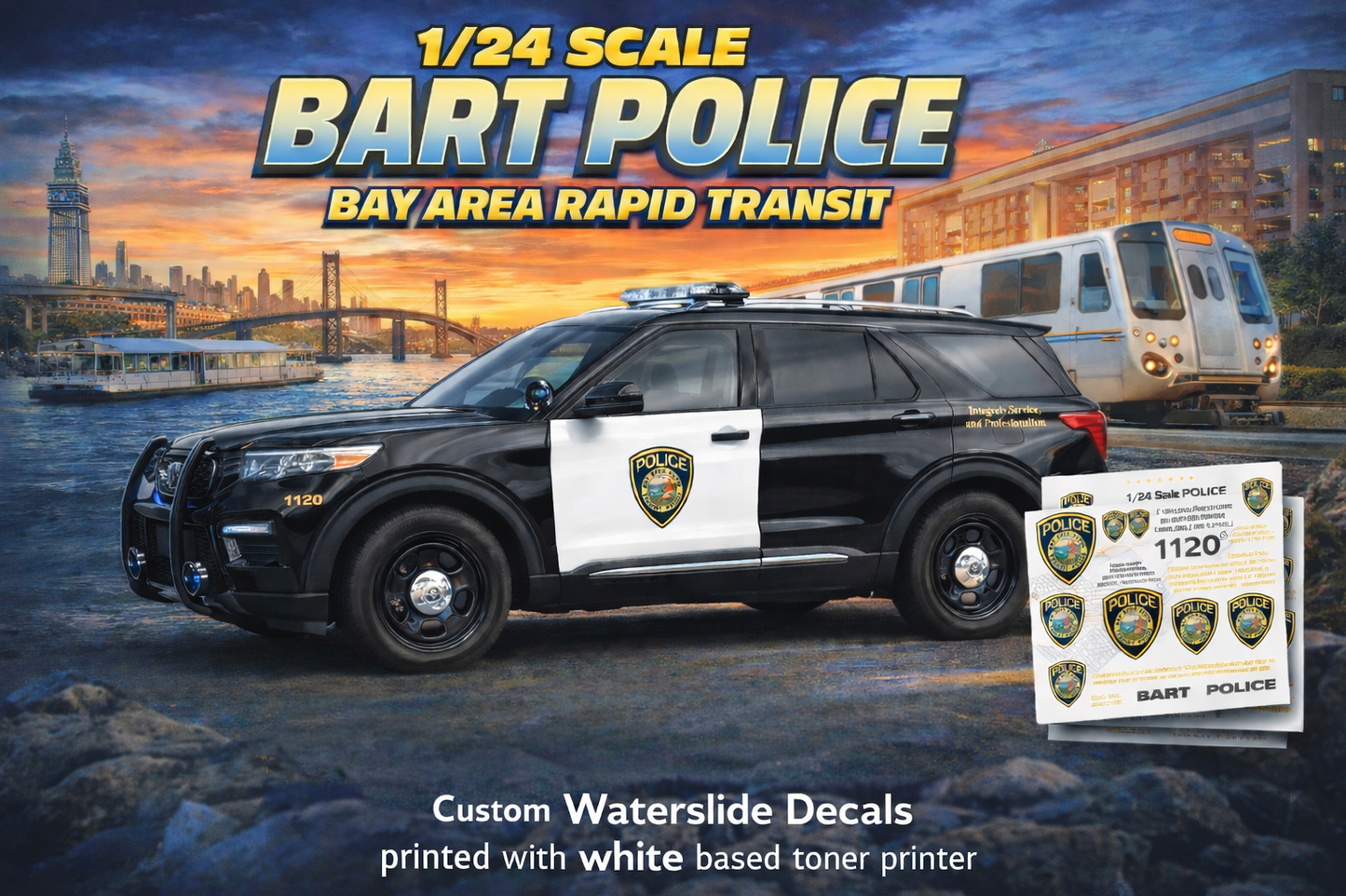 1/24 Scale BART Police Waterslide Decals – 2022 Ford Explorer Bay Area Rapid Transit Police Graphics – Diecast Model Decal Set – Approx. 4 Sets Included