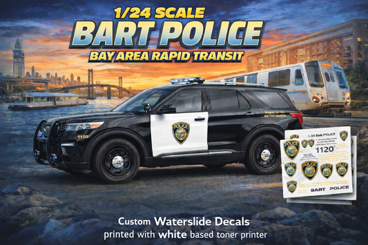 1/24 Scale BART Police Waterslide Decals – 2022 Ford Explorer Bay Area Rapid Transit Police Graphics – Diecast Model Decal Set – Approx. 4 Sets Included