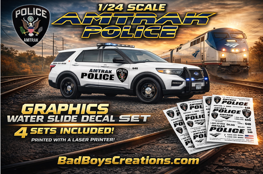 1/24 Scale Amtrak Police Waterslide Decals for 2022 Ford Explorer – Custom Diecast Police Graphics – Approx. 4 Sets Included