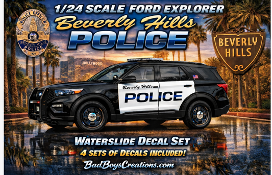 1/24 Scale Beverly Hills California Police Waterslide Decals for 2022 Ford Explorer – Custom Diecast Graphics – Approx. 4 Sets Included