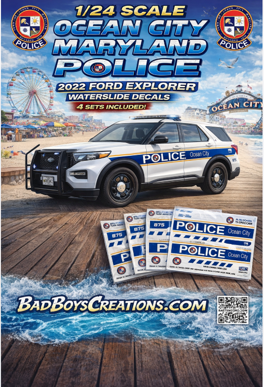 1/24 Scale 2022 Ford Explorer Ocean City Maryland Police Waterslide Decals – Custom Diecast Graphics – Approx. 4 Sets Included