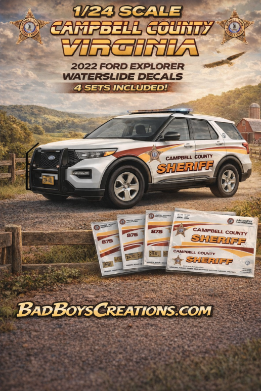 1/24 Scale 2022 Ford Explorer Campbell County Virginia Sheriff Waterslide Decals – Custom Diecast Police Graphics – Approx. 4 Sets Included