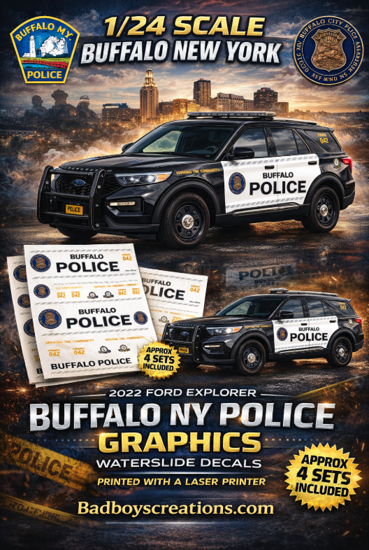 1/24 Scale Buffalo New York Police Waterslide Decals for 2022 Ford Explorer – Diecast Police Graphics – Approx. 4 Sets Included