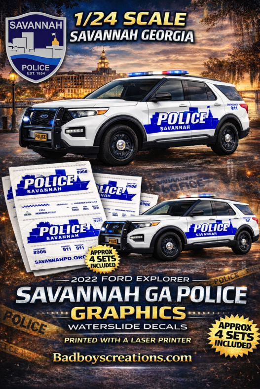 1/24 Scale Savannah Georgia Police Waterslide Decals for 2022 Ford Explorer – Approx. 4 Sets Included