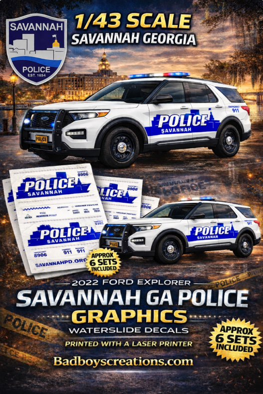1/43 Scale 2022 Ford Explorer Savannah Georgia Police Waterslide Decals – Custom Diecast Police Graphics – Approx. 6 Sets Included