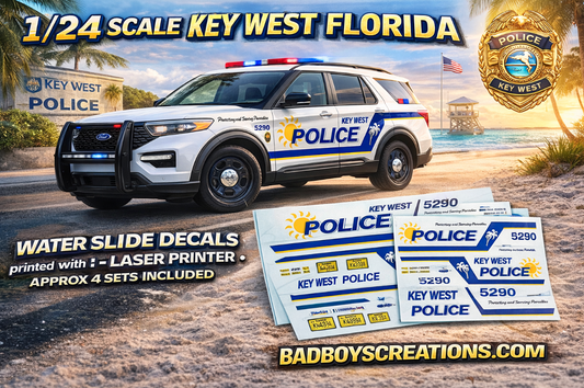1/24 Scale Key West Florida Police Waterslide Decals for 2022 Ford Explorer – Diecast Police Graphics Set – Approx. 4 Sets Included