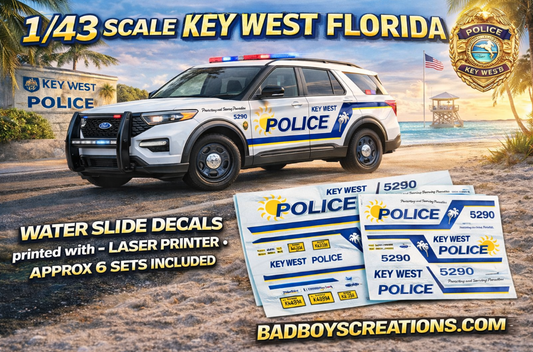 1/43 Scale Key West Florida Police Waterslide Decals for 2022 Ford Explorer – Custom Diecast Police Graphics – Approx. 6 Sets Included