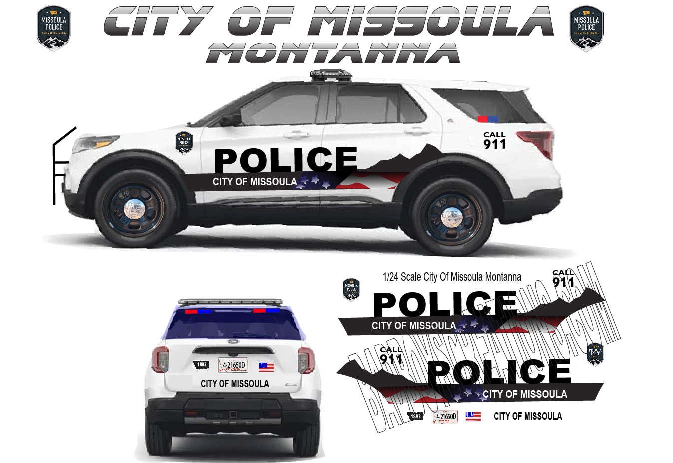 1/24 Scale 2022 Ford Explorer Missoula Montana Police Waterslide Decals – City of Missoula Custom Graphics (4 Sets Included)
