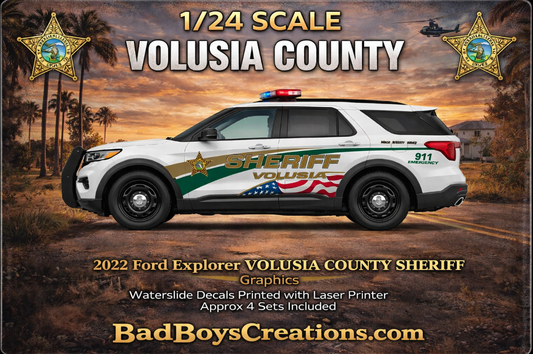 1/24 Scale Volusia County Florida Sheriff 2022 Ford Explorer Waterslide Decals – Custom Police Graphics – 4 Sets Included – Laser Printed – Diecast Model Car Replica