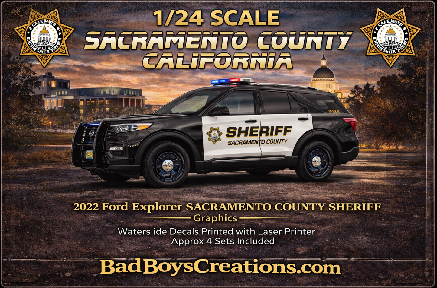1/24 Scale 2022 Ford Explorer Sacramento County Sheriff California Waterslide Decals – Police Graphics – 4 Sets Included – Custom Diecast Decals