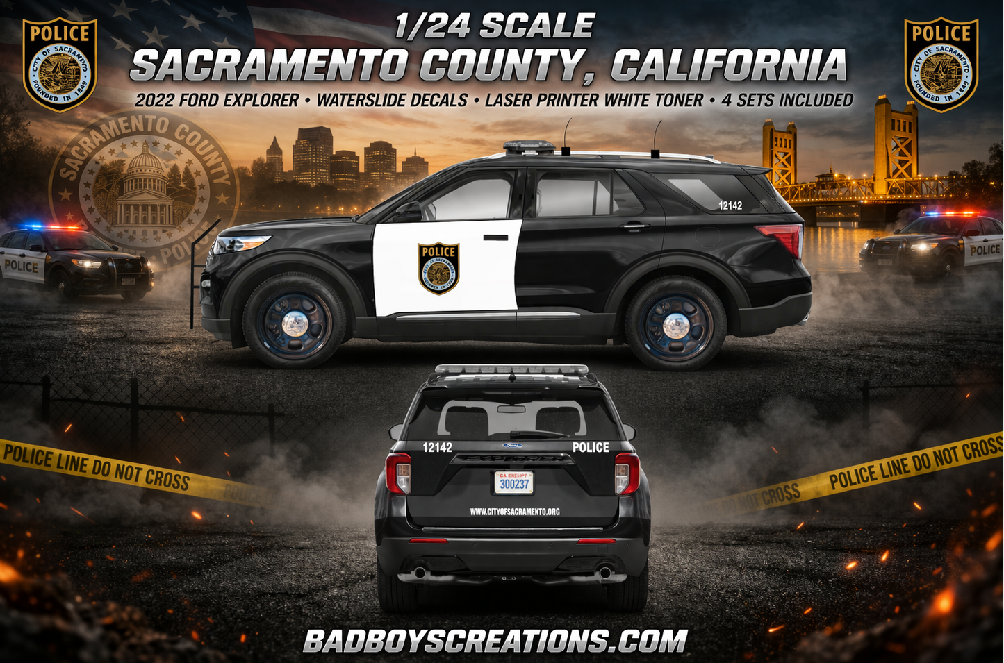 1/24 Scale 2022 Ford Explorer Sacramento Police Department California Sheriff Waterslide Decals – White Toner Laser Printed – 4 Sets Included