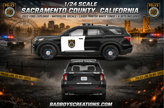 1/24 Scale 2022 Ford Explorer Sacramento Police Department California Sheriff Waterslide Decals – White Toner Laser Printed – 4 Sets Included