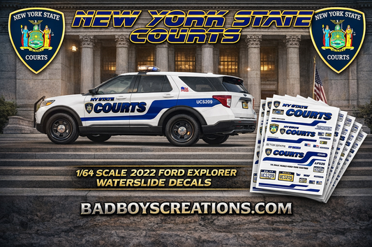 1/64 Scale New York State Courts 2022 Ford Explorer Waterslide Decals – 8 Sets Included – Laser Printed – Fits Greenlight Ford Explorer – Custom Diecast Graphics