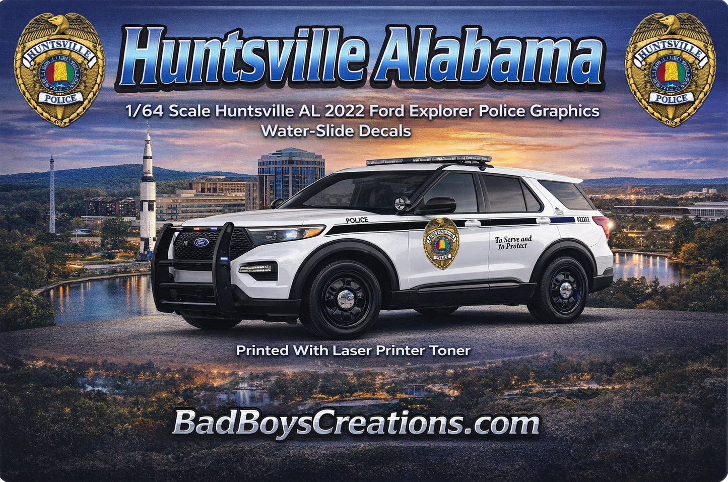 1/64 Scale 2022 Ford Explorer Huntsville Alabama Police Waterslide Decals – 8 Sets Included – Custom Greenlight Diecast Graphics – Laser Printed