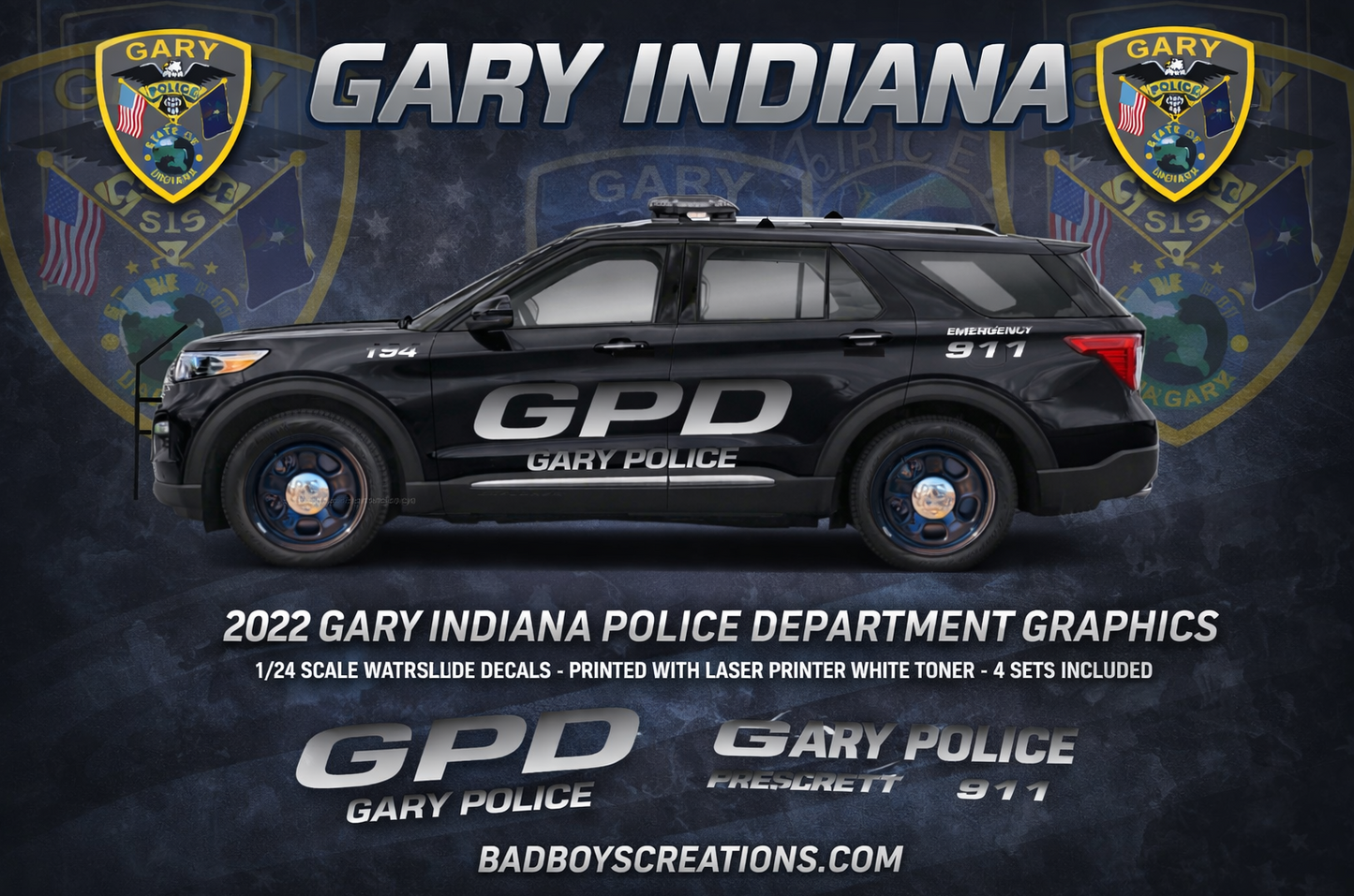1/24 Scale 2022 Ford Explorer Gary Indiana Police Waterslide Decals – 4 Sets Included – White Toner Laser Printed – Highly Detailed Graphics