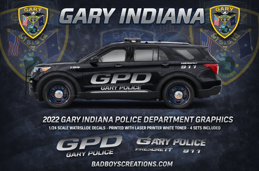 1/24 Scale 2022 Ford Explorer Gary Indiana Police Waterslide Decals – 4 Sets Included – White Toner Laser Printed – Highly Detailed Graphics