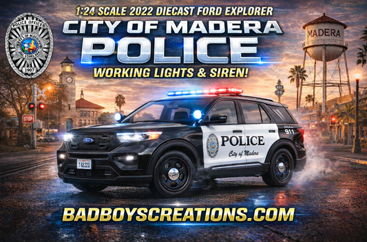 1/24 Scale 2022 Ford Explorer Madera California Police Diecast Model Replica – Working Lights & Siren – Custom Made
