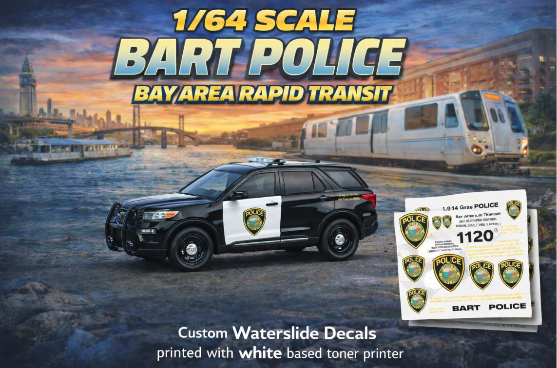1/64 Scale BART Police Waterslide Decals – Bay Area Rapid Transit 2022 Ford Explorer | Greenlight Compatible | White Toner Laser Printed | 8–10 Sets Included