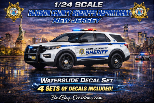 1/24 Scale 2022 Ford Explorer Hudson County New Jersey Sheriff Waterslide Decals – Custom Police Graphics – Approx 4 Sets Included