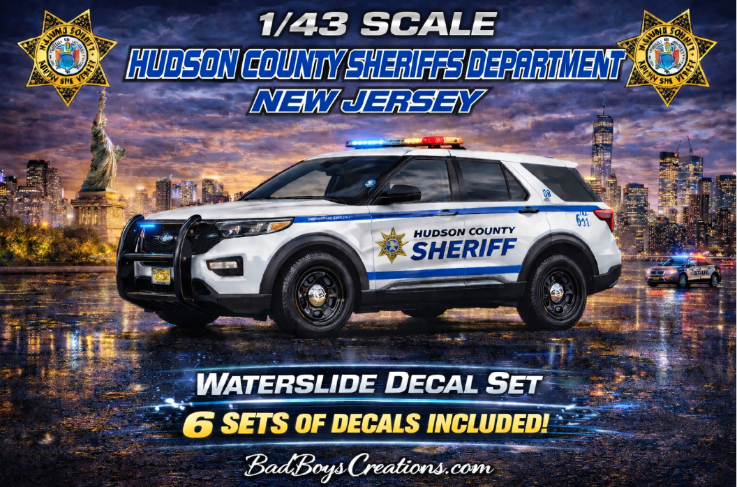 1/43 Scale Hudson County New Jersey Sheriff 2022 Ford Explorer Waterslide Decals – 6 Sets Included – Laser Printed