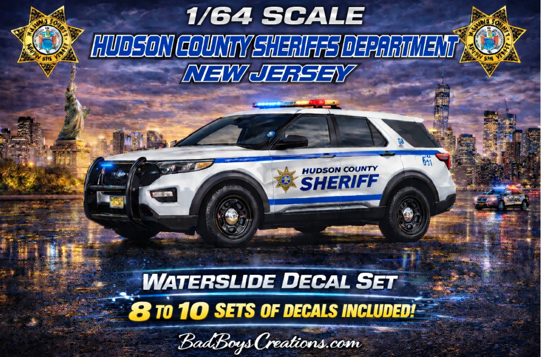 1/64 Scale 2022 Ford Explorer Hudson County New Jersey Sheriff Waterslide Decals – 8 to 10 Sets Included – Laser Printed – For Greenlight Models