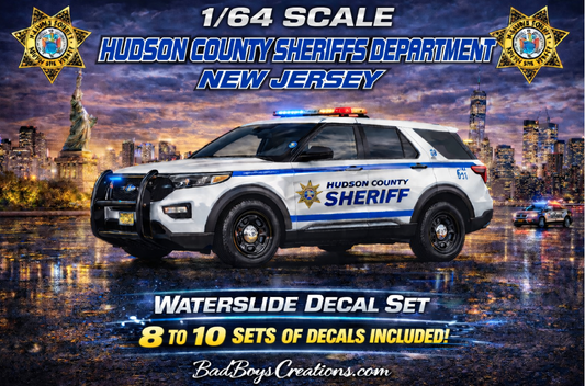 1/64 Scale 2022 Ford Explorer Hudson County New Jersey Sheriff Waterslide Decals – 8 to 10 Sets Included – Laser Printed – For Greenlight Models