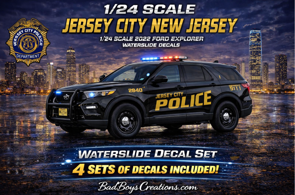 1/24 Scale Jersey City New Jersey Police 2022 Ford Explorer Waterslide Decals – White Toner Printed – Approx 4 Sets Included