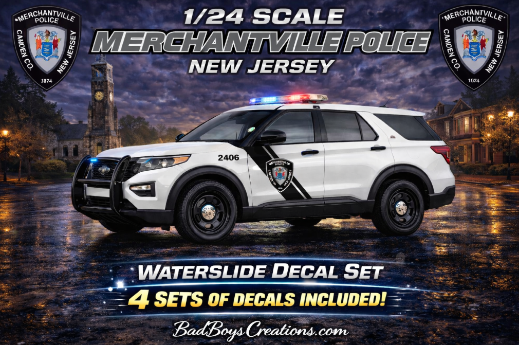1/24 Scale Merchantville New Jersey Police 2022 Ford Explorer Waterslide Decals – Laser Printed – Approx 4 Sets Included