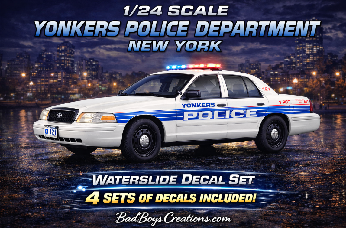 1/24 Yonkers NY Police 2010 Ford Crown Victoria Waterslide Decals – Custom Police Graphics – Approx 4 Sets – Laser Printed