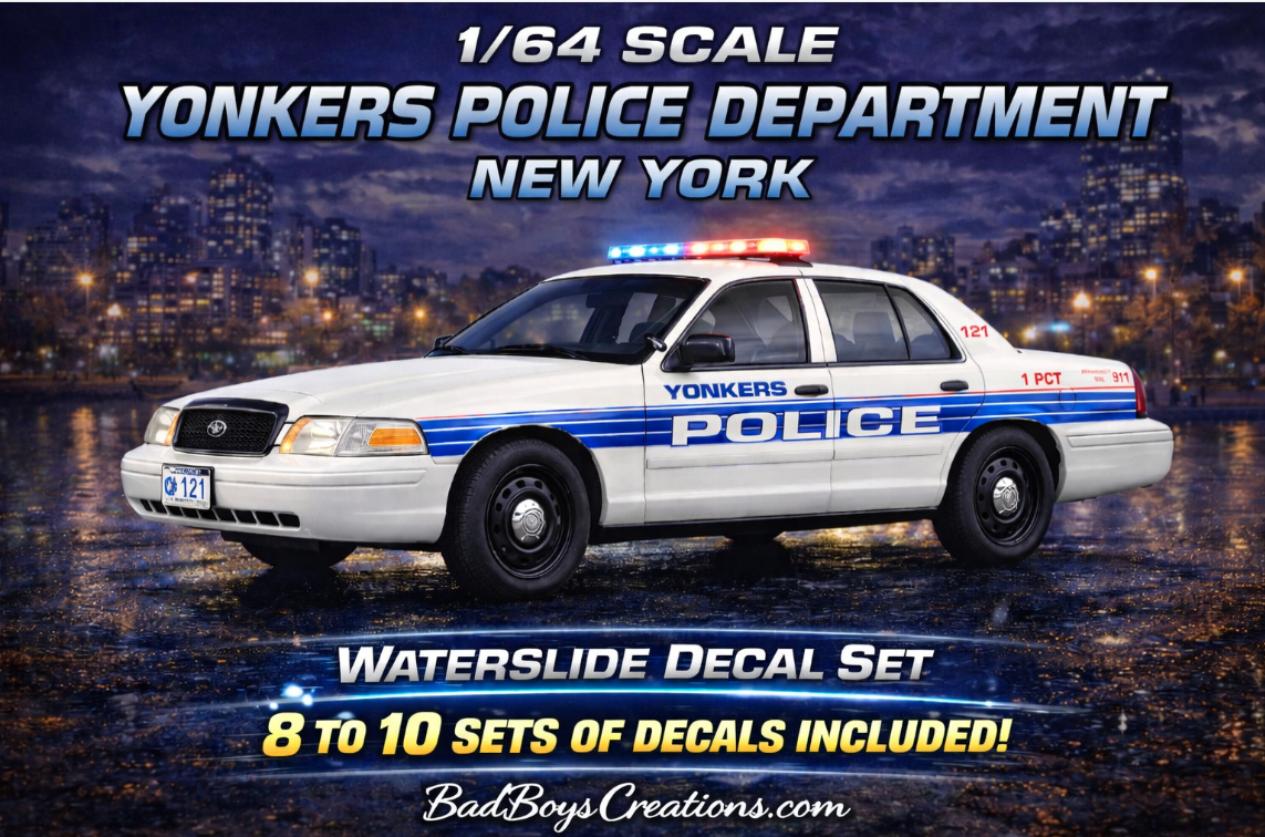 1/64 Scale Yonkers NY Police 2010 Ford Crown Victoria Waterslide Decals – 8 to 10 Sets – Laser Printed – Custom Diecast Graphics